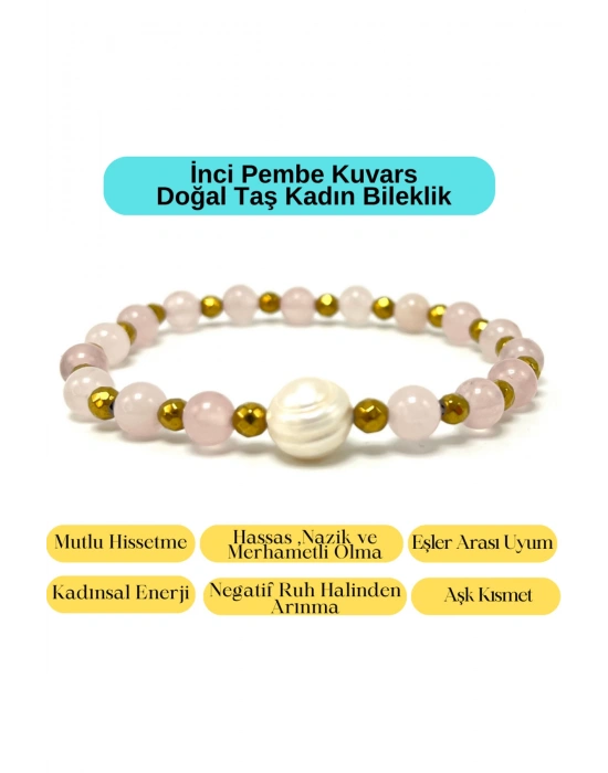 Sertifikalı İnci - Pembe Kuvars Doğal Taş Kadın Bileklik Misinalı