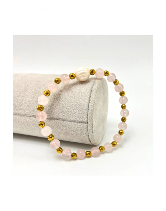 Sertifikalı İnci - Pembe Kuvars Doğal Taş Kadın Bileklik Misinalı