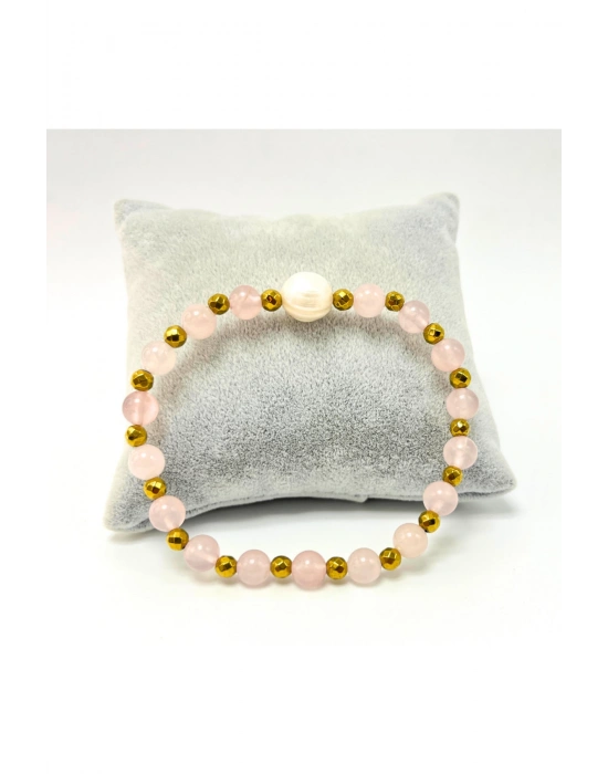 Sertifikalı İnci - Pembe Kuvars Doğal Taş Kadın Bileklik Misinalı