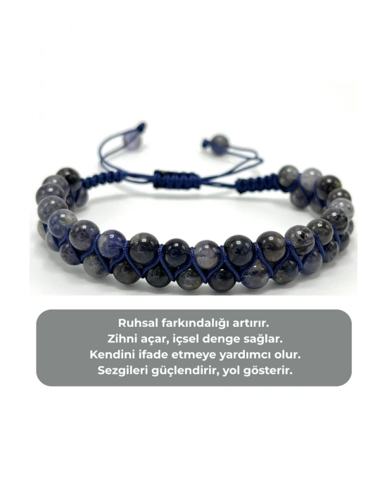 SERTİFİKALI İyolit Çift Sıra Doğal Taş Makrome Bileklik Ayarlanabilir Ölçü