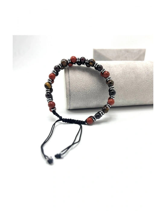 SERTİFİKALI Jasper Granat Lal Kaplan Gözü Çift Sıra Makrome Ayarlanabilir Ölçü Doğal Taş Bileklik