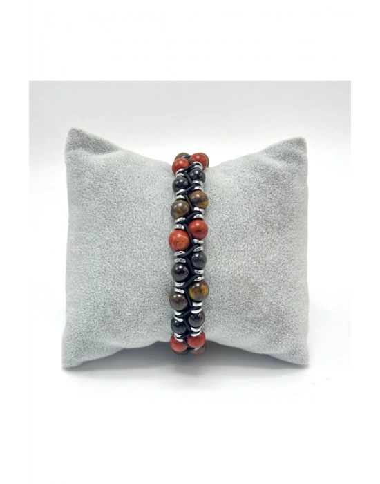 SERTİFİKALI Jasper Granat Lal Kaplan Gözü Çift Sıra Makrome Ayarlanabilir Ölçü Doğal Taş Bileklik