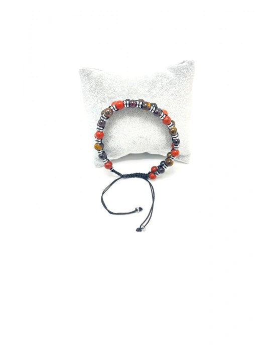 SERTİFİKALI Jasper Granat Lal Kaplan Gözü Çift Sıra Makrome Ayarlanabilir Ölçü Doğal Taş Bileklik