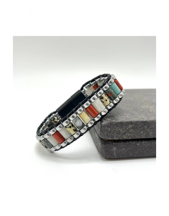 Sertifikalı Jasper Kan T. Ay T. Amazonit  Hematit Silindir Kesim Kilitli Doğal Taş Erkek Bileklik