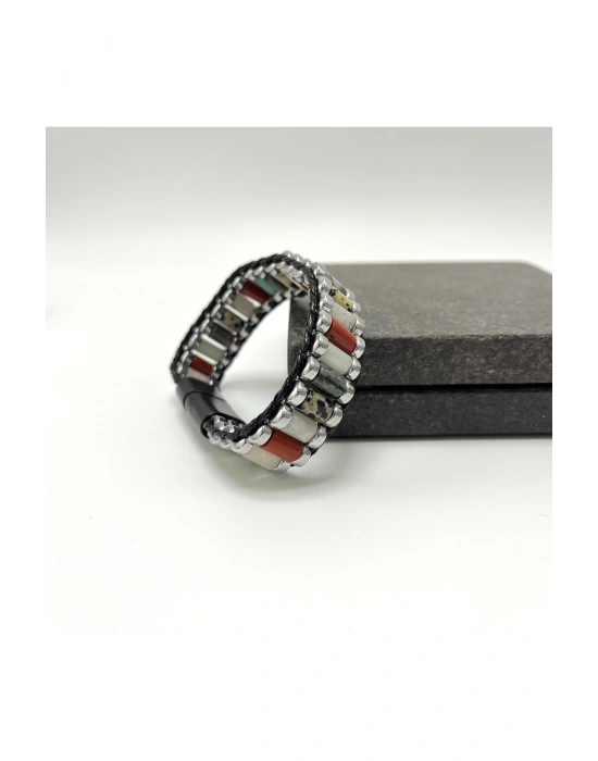 Sertifikalı Jasper Kan T. Ay T. Amazonit  Hematit Silindir Kesim Kilitli Doğal Taş Erkek Bileklik