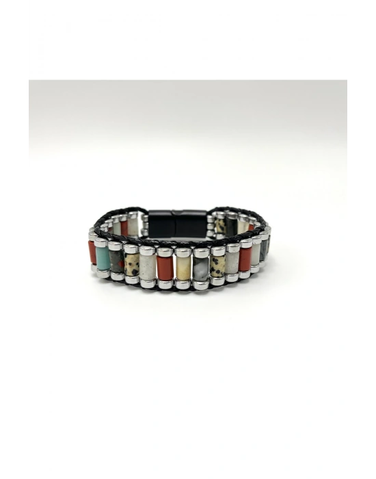 Sertifikalı Jasper Kan T. Ay T. Amazonit  Hematit Silindir Kesim Kilitli Doğal Taş Erkek Bileklik