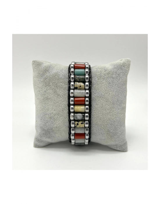 Sertifikalı Jasper Kan T. Ay T. Amazonit  Hematit Silindir Kesim Kilitli Doğal Taş Erkek Bileklik