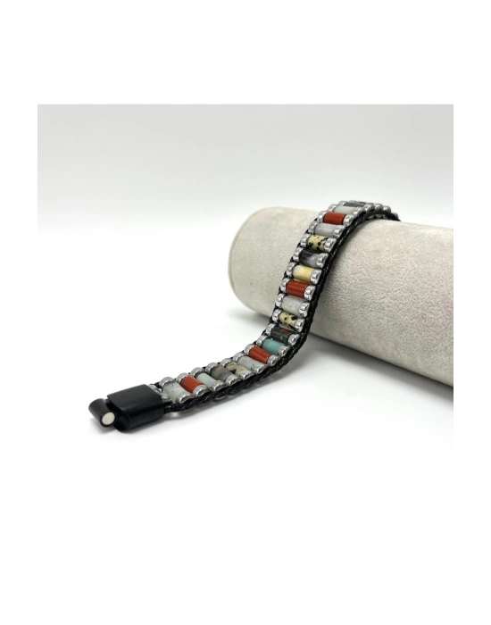 Sertifikalı Jasper Kan T. Ay T. Amazonit  Hematit Silindir Kesim Kilitli Doğal Taş Erkek Bileklik