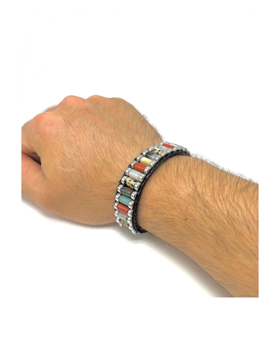 Sertifikalı Jasper Kan T. Ay T. Amazonit  Hematit Silindir Kesim Kilitli Doğal Taş Erkek Bileklik