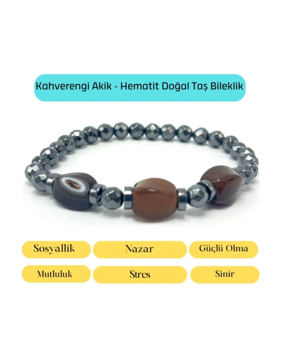 Sertifikalı Kahverengi Akik ve Hematit Doğal Taş Bileklik