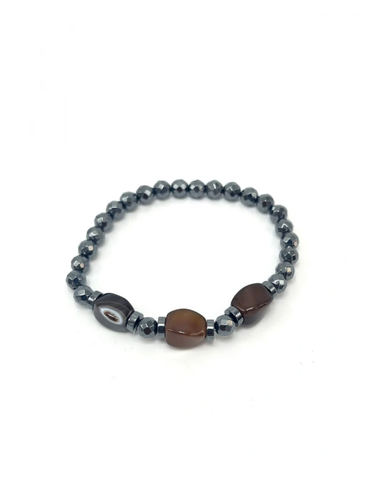 Sertifikalı Kahverengi Akik ve Hematit Doğal Taş Bileklik