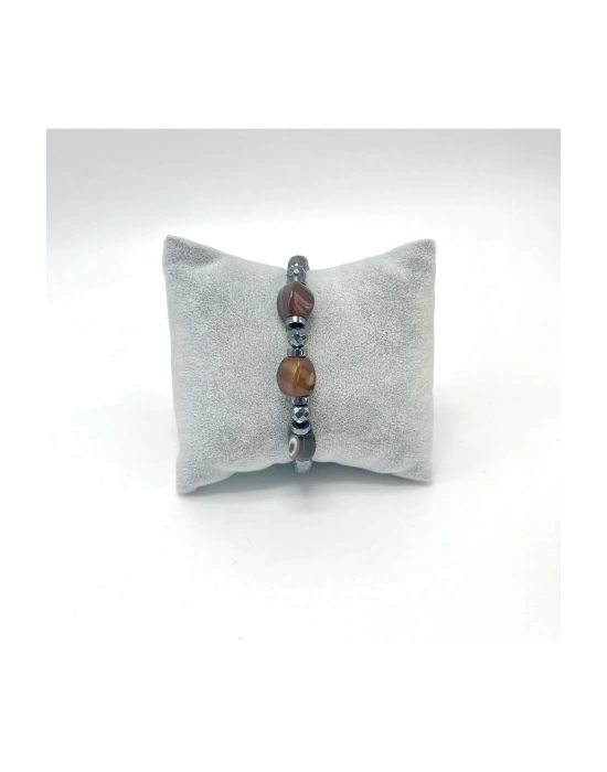 Sertifikalı Kahverengi Akik ve Hematit Doğal Taş Bileklik