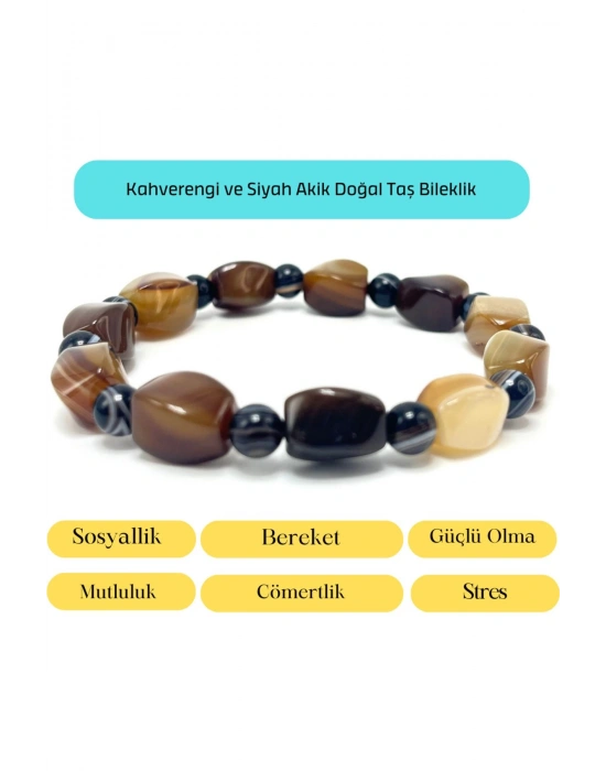Sertifikalı Kahverengi ve Siyah Akik Doğal Taş Bileklik