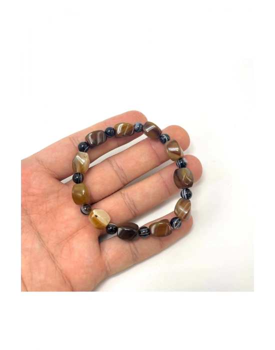 Sertifikalı Kahverengi ve Siyah Akik Doğal Taş Bileklik