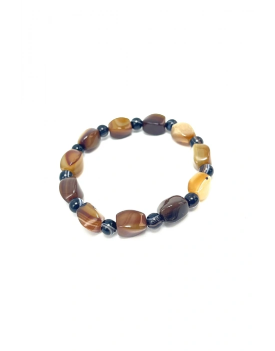 Sertifikalı Kahverengi ve Siyah Akik Doğal Taş Bileklik