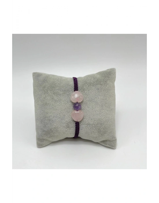 Sertifikalı Kalp Şekilli Pembe Kuvars ve Ametist El Yapımı Makrome Doğal Taş Bileklik