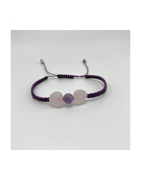 Sertifikalı Kalp Şekilli Pembe Kuvars ve Ametist El Yapımı Makrome Doğal Taş Bileklik