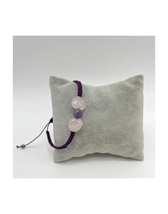 Sertifikalı Kalp Şekilli Pembe Kuvars ve Ametist El Yapımı Makrome Doğal Taş Bileklik