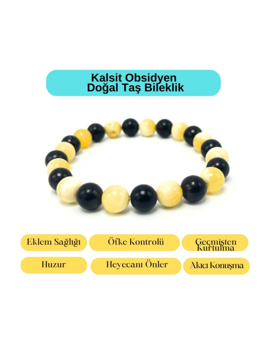 Sertifikalı Kalsit Obsidyen Doğal Taş Misinalı Bileklik 8mm