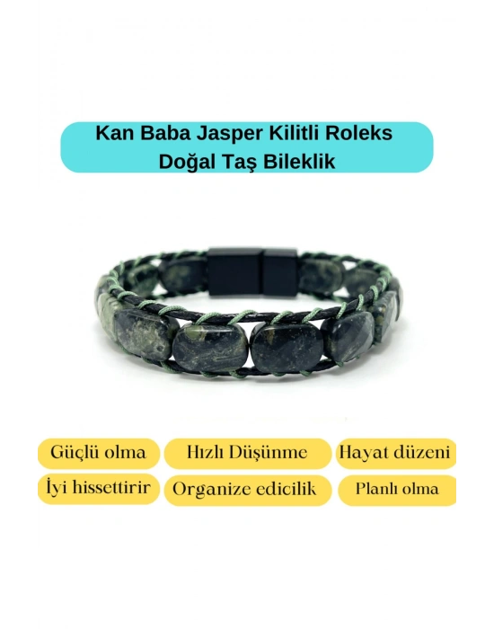 Sertifikalı Kan Baba Jasper Kilit Kapama Roleks Doğal Taş Deri Bileklik