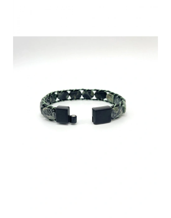 Sertifikalı Kan Baba Jasper Kilit Kapama Roleks Doğal Taş Deri Bileklik