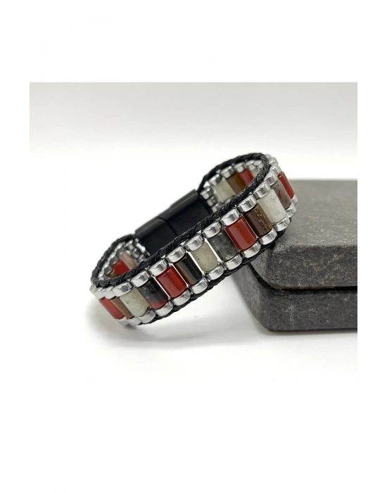 Sertifikalı Kan T. Akik Kaplan Gözü Ay Taşı Hematit Silindir Kesim Kilitli Doğal Taş  Erkek Bileklik