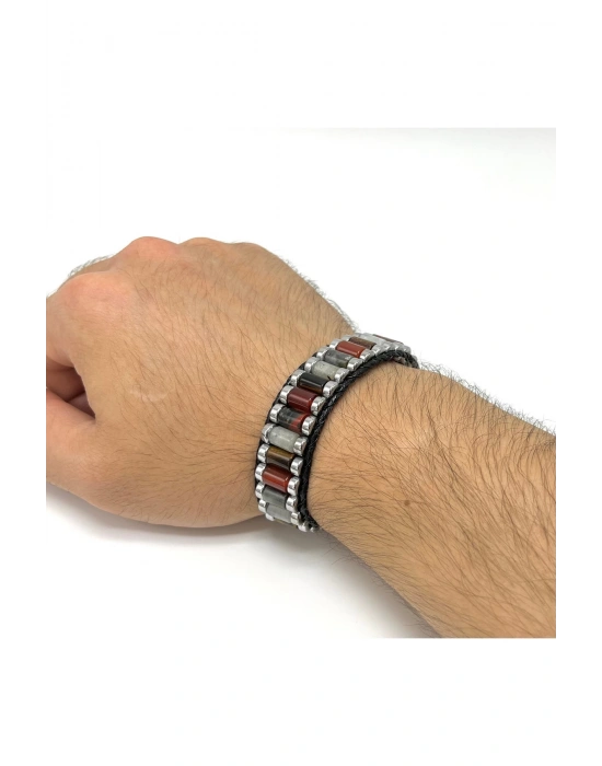 Sertifikalı Kan T. Akik Kaplan Gözü Ay Taşı Hematit Silindir Kesim Kilitli Doğal Taş  Erkek Bileklik