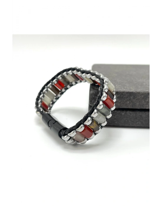 Sertifikalı Kan T. Akik Kaplan Gözü Ay Taşı Hematit Silindir Kesim Kilitli Doğal Taş  Erkek Bileklik