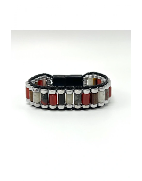 Sertifikalı Kan T. Akik Kaplan Gözü Ay Taşı Hematit Silindir Kesim Kilitli Doğal Taş  Erkek Bileklik