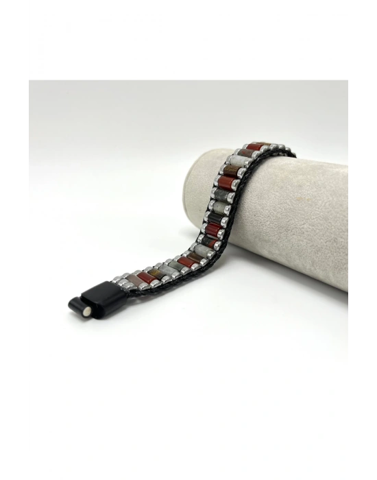 Sertifikalı Kan T. Akik Kaplan Gözü Ay Taşı Hematit Silindir Kesim Kilitli Doğal Taş  Erkek Bileklik