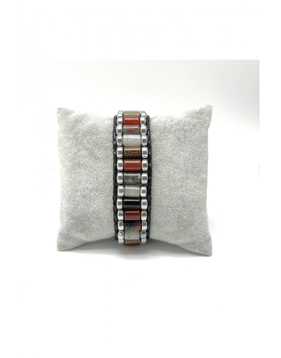 Sertifikalı Kan T. Akik Kaplan Gözü Ay Taşı Hematit Silindir Kesim Kilitli Doğal Taş  Erkek Bileklik