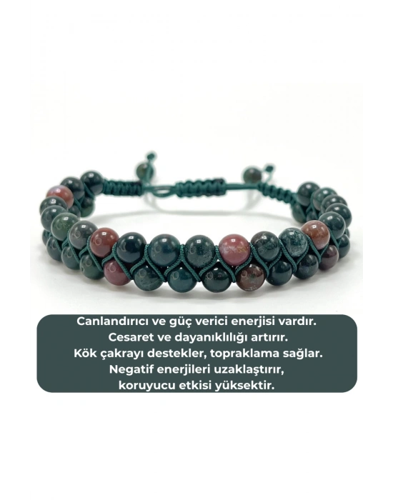 SERTİFİKALI Kan Taşı Çift Sıra Doğal Taş Makrome Bileklik Ayarlanabilir Ölçü