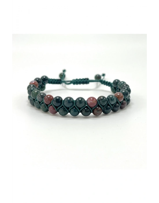 SERTİFİKALI Kan Taşı Çift Sıra Doğal Taş Makrome Bileklik Ayarlanabilir Ölçü