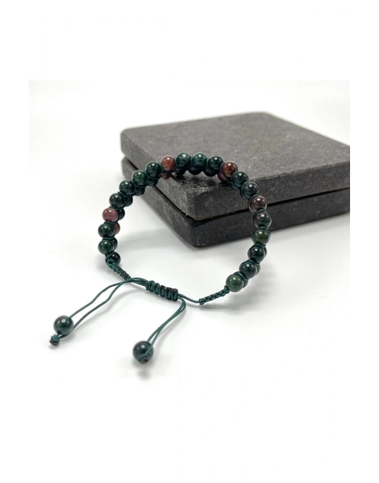 SERTİFİKALI Kan Taşı Çift Sıra Doğal Taş Makrome Bileklik Ayarlanabilir Ölçü