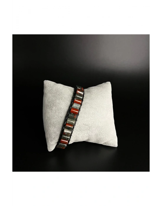 SERTİFİKALI Kan Taşı Silindir Kesim Makrome Doğal Taş Deri Bileklik Unisex