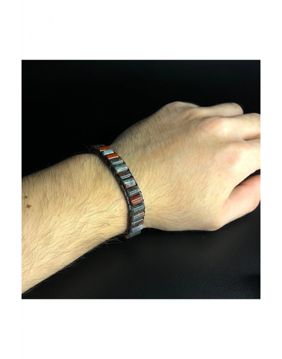 SERTİFİKALI Kan Taşı Silindir Kesim Makrome Doğal Taş Deri Bileklik Unisex