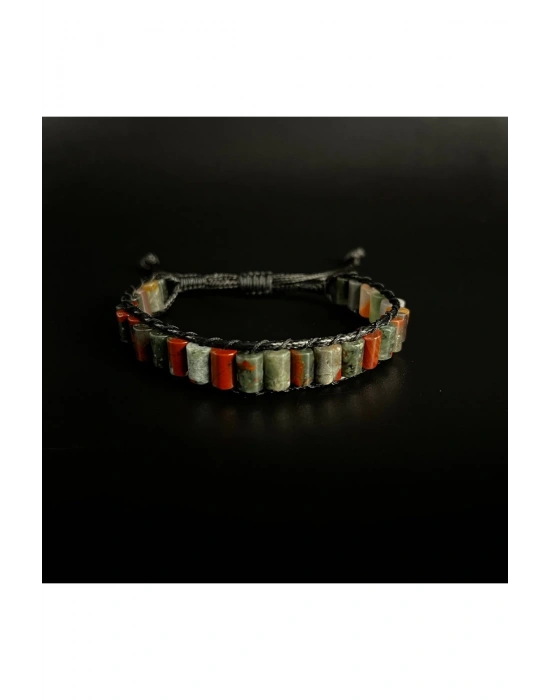 SERTİFİKALI Kan Taşı Silindir Kesim Makrome Doğal Taş Deri Bileklik Unisex