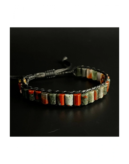 SERTİFİKALI Kan Taşı Silindir Kesim Makrome Doğal Taş Deri Bileklik Unisex