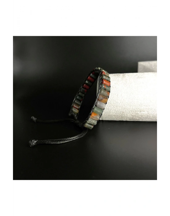 SERTİFİKALI Kan Taşı Silindir Kesim Makrome Doğal Taş Deri Bileklik Unisex