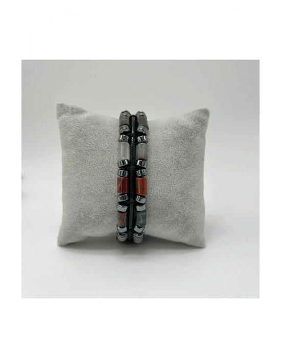 Sertifikalı Kan Taşı ve Hematit Makrome Doğal Taş Deri Erkek Bileklik