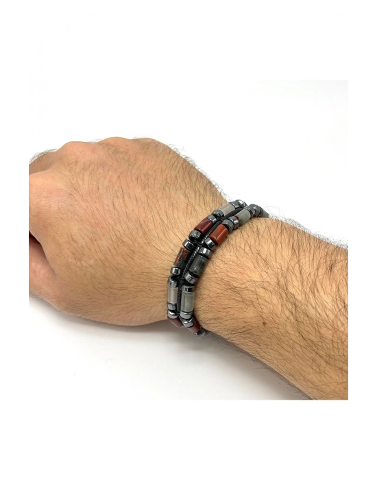 Sertifikalı Kan Taşı ve Hematit Makrome Doğal Taş Deri Erkek Bileklik