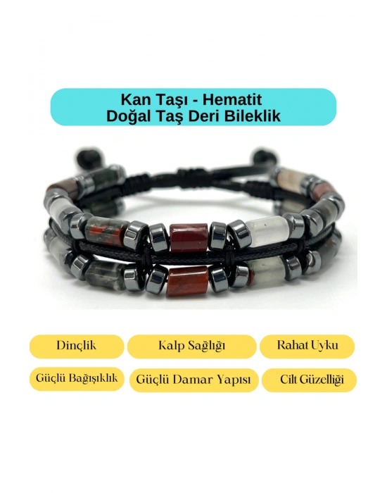 Sertifikalı Kan Taşı ve Hematit Makrome Doğal Taş Deri Erkek Bileklik