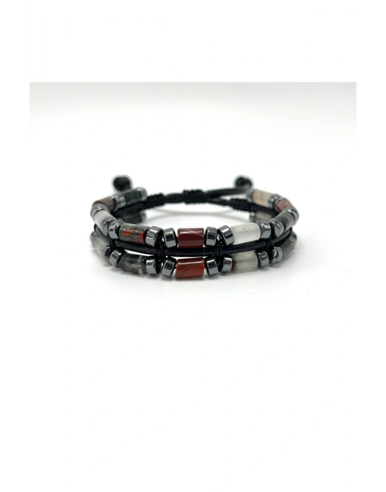 Sertifikalı Kan Taşı ve Hematit Makrome Doğal Taş Deri Erkek Bileklik