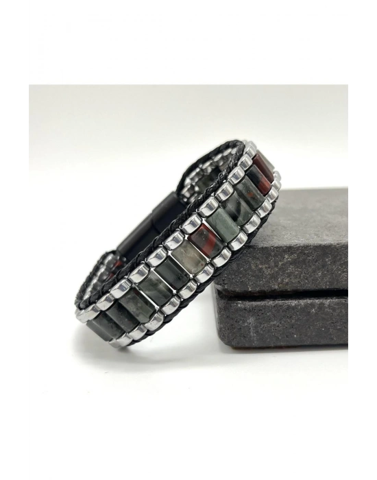 Sertifikalı Kan Taşı ve Hematit Silindir Kesim Kilitli Doğal Taş Deri Erkek Bileklik