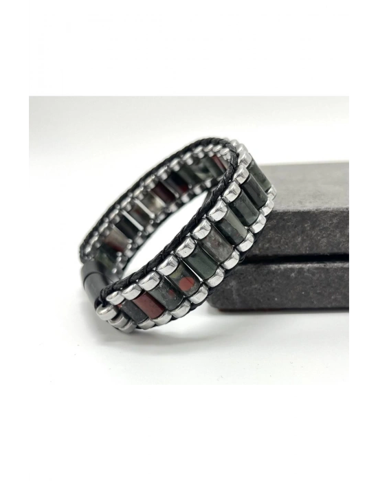 Sertifikalı Kan Taşı ve Hematit Silindir Kesim Kilitli Doğal Taş Deri Erkek Bileklik