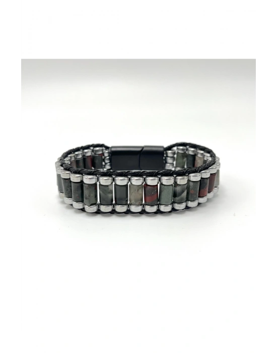 Sertifikalı Kan Taşı ve Hematit Silindir Kesim Kilitli Doğal Taş Deri Erkek Bileklik