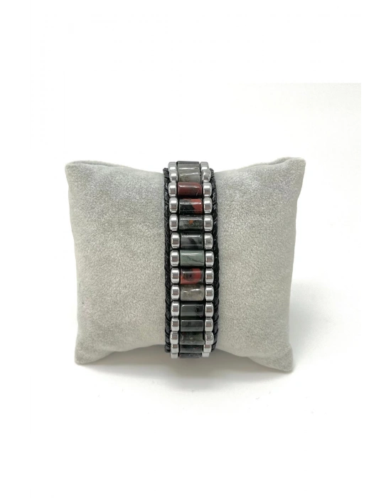 Sertifikalı Kan Taşı ve Hematit Silindir Kesim Kilitli Doğal Taş Deri Erkek Bileklik
