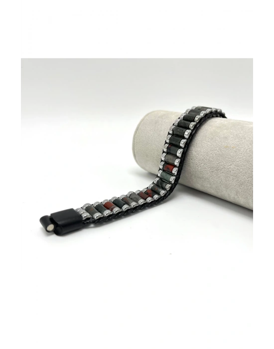 Sertifikalı Kan Taşı ve Hematit Silindir Kesim Kilitli Doğal Taş Deri Erkek Bileklik