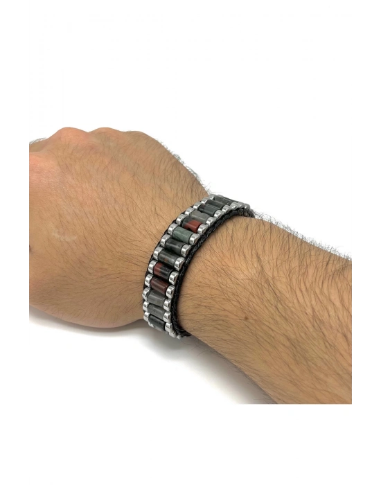 Sertifikalı Kan Taşı ve Hematit Silindir Kesim Kilitli Doğal Taş Deri Erkek Bileklik