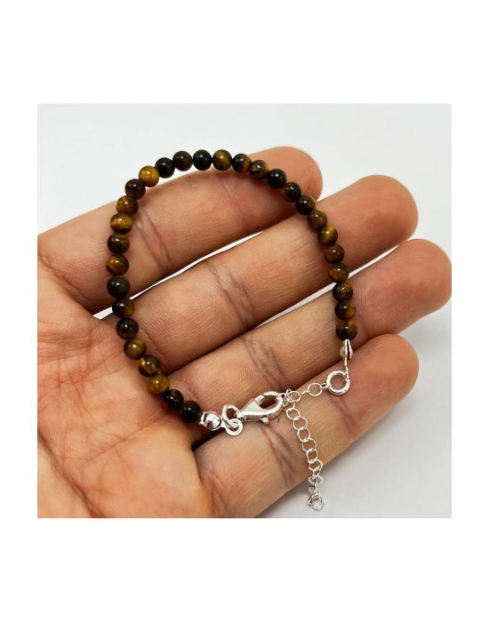 SERTİFİKALI Kaplan Gözü 4mm 925 Ayar Gümüş Doğal Taş Bileklik Uzatma Zincirli